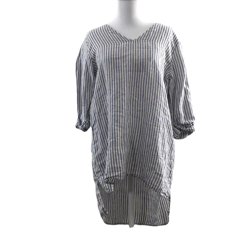 Tahari Blue White Stripes Tunic Linen Popover Top Womens Small 3/4 Sleeve Hi Low